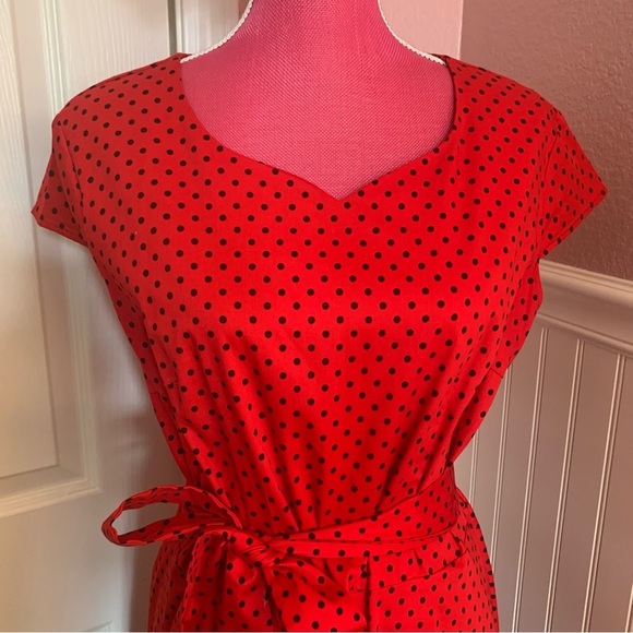 Retro Style Red Black Polka Dot Cap Sleeve A-Line Modest Dress size XL - Picture 2 of 10
